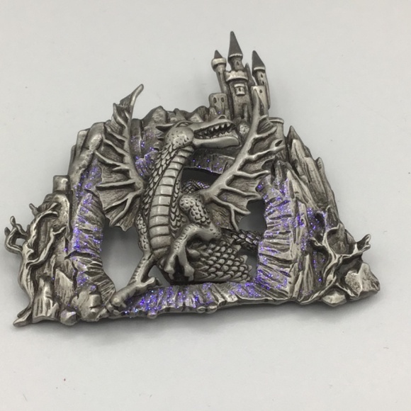 JJ Jonette Mythical Dragon Emerges From Cave Beneath Castle Brooch Pin - Picture 2 of 6